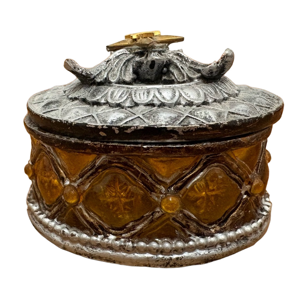 Amber Glass Trinket Box with Silver-Tone Ornate Lid